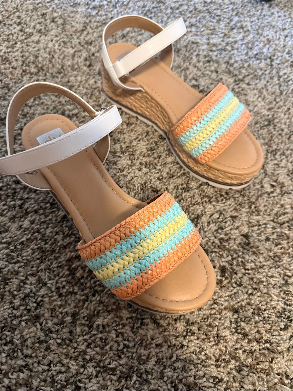 White Strap Sandals with Orange, Yellow & Light Blue Woven Band